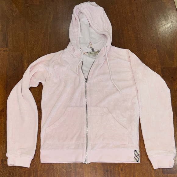 Y2K Burberry London Terry Cloth Feel Light Pink Zip-Up Hoodie - Picture 3 of 14